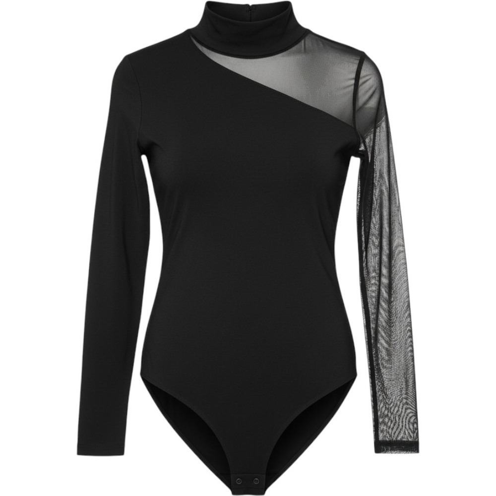 DKNY Bodysuit Womens XL Black Sheer Mesh Mock Neck Asymmetrical Long Sleeve